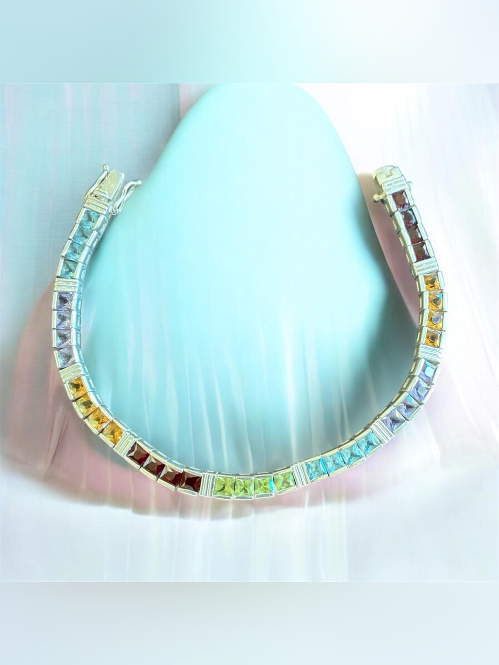 Sterling Silver Multi-Color Tennis Bracelet - Rainbow Square Gemstones